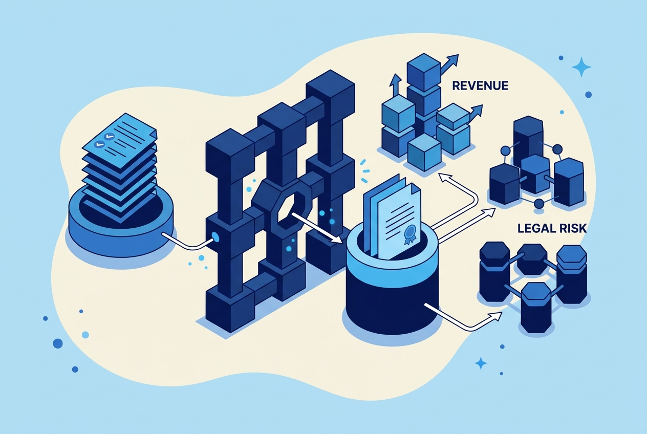 Isometric proposal-to-contract handoff workflow with commitment review and legal approval